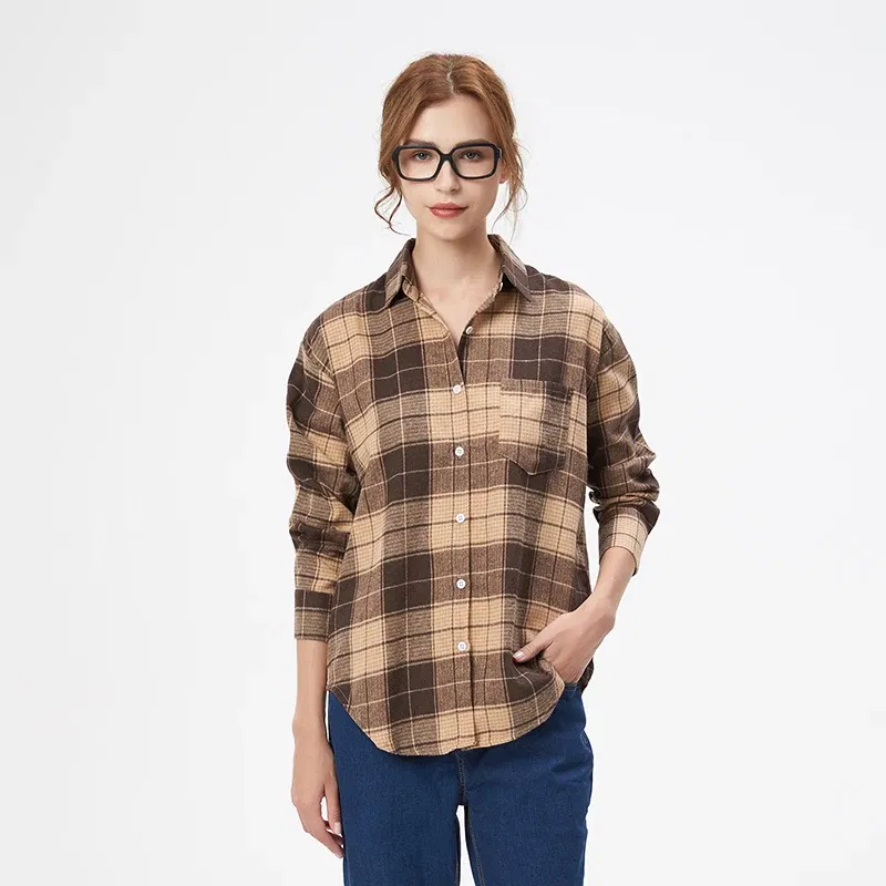 Color: Dark Grey, Size: L - Fresh Flannel Plaid Shirt Women 2024 New Female Blouses and Tops Cotton Loose Long Sleeve Casual Shirts Fine Women's Clothes