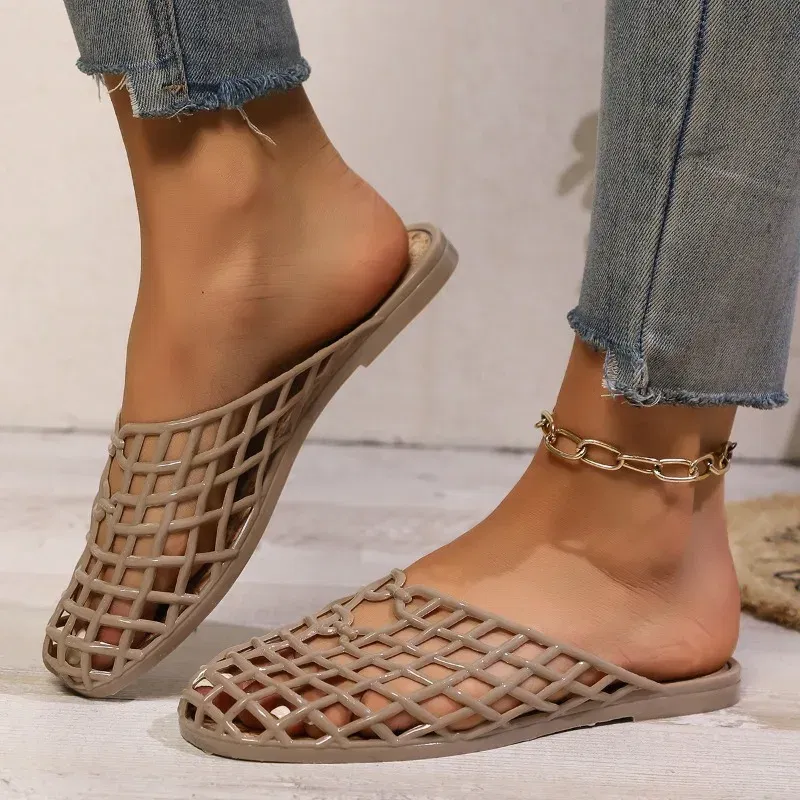 Color: black, Shoe Size: 39 - Women's Shoes 2025 Summer New Mesh Woven Hollowed-out Breathable Head Slippers for Women's Toe Wedge Sandals Zapatos De Mujer