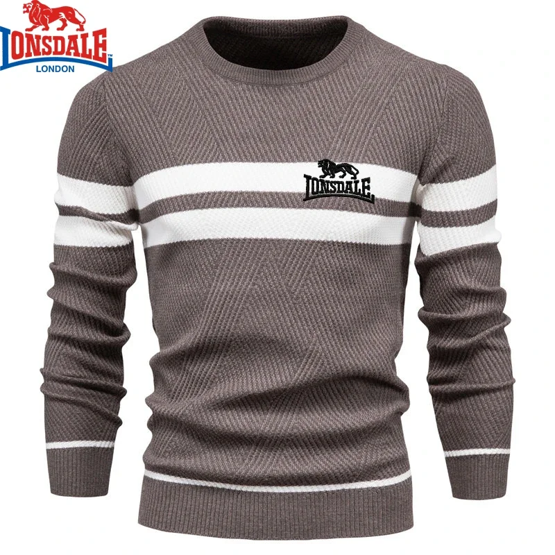 Color: Beige, Size: S - Embroidered LONSDALE Mens Boys Winter Stripe Sweater Thick Warm Pullovers Men's O-neck Basic Casual Slim Comfortable Sweaters