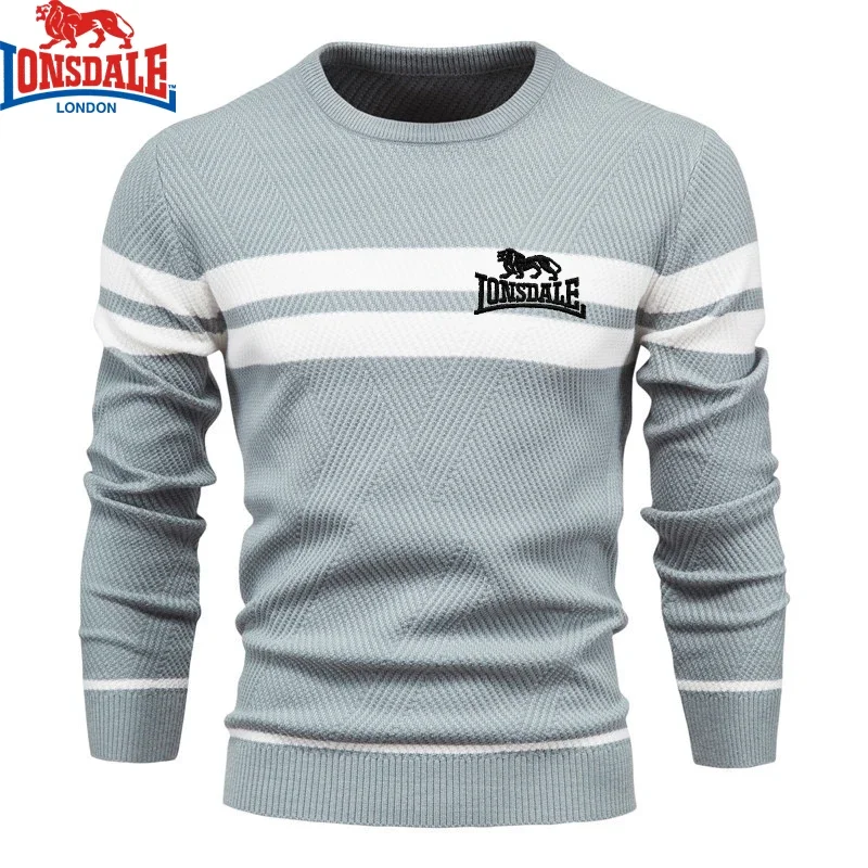 Color: Beige, Size: S - Embroidered LONSDALE Mens Boys Winter Stripe Sweater Thick Warm Pullovers Men's O-neck Basic Casual Slim Comfortable Sweaters
