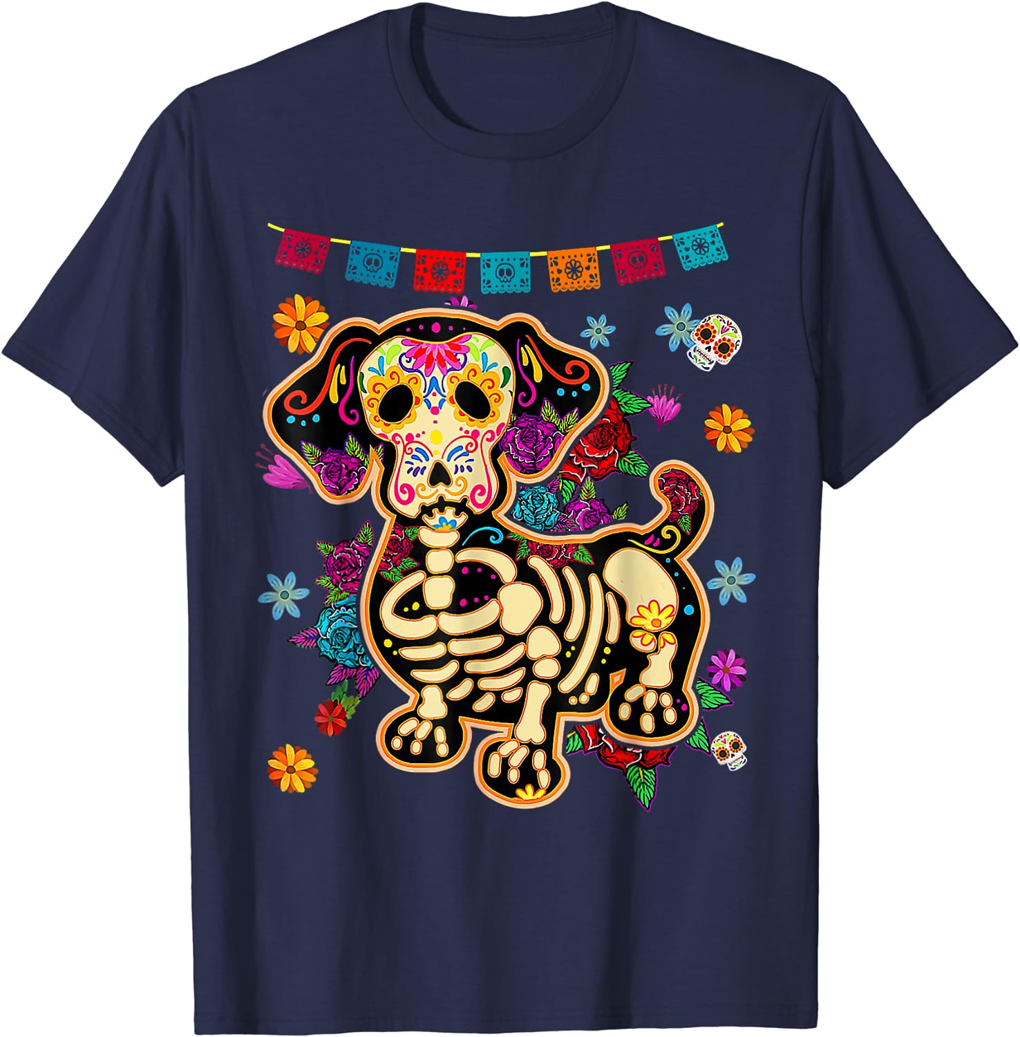 Color: Brown, Size: S - Sugar Skull Mexican Dachshund Bone Halloween Day of Dead T-Shirt Casual Cotton Four Seasons Graphic T Shirts Funny T Shirts