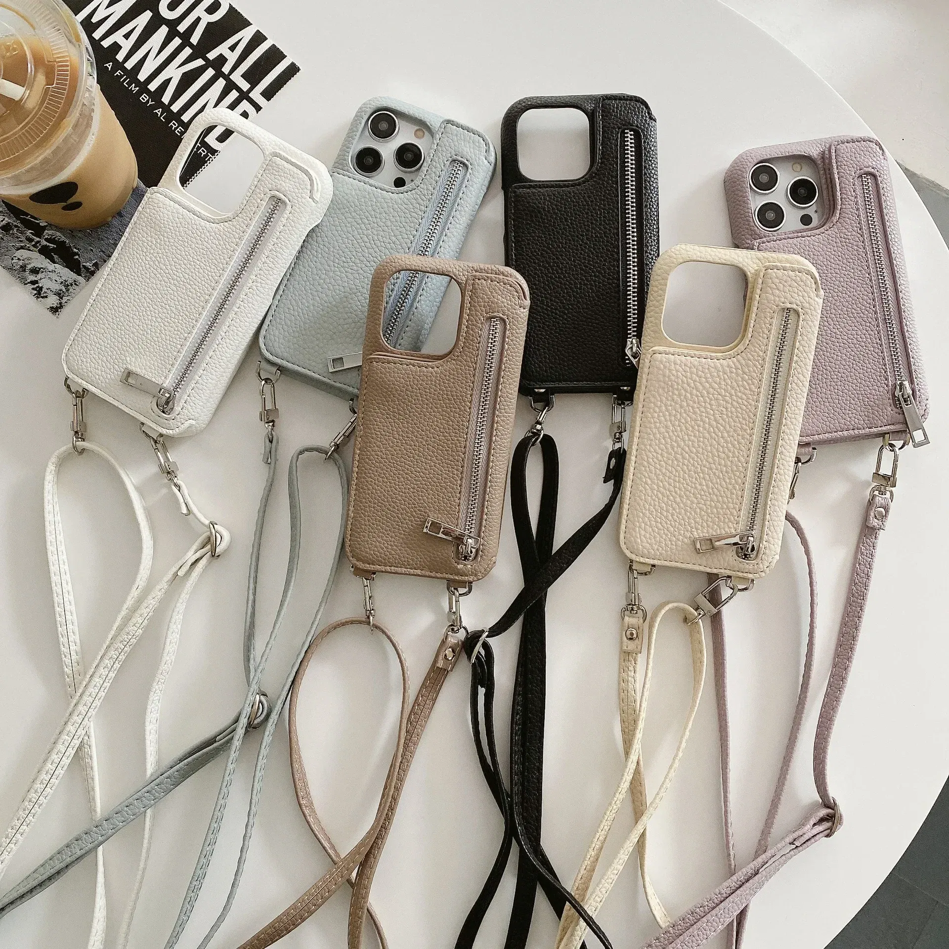Material: PC + TPU, Color: Brown - Zipper Wallet Makeup Mirror Crossbody Lanyard Case For iPhone 16 15 14 Pro Max 13 12 11 XR XS 7 8 Plus Card Slot Leather Cover