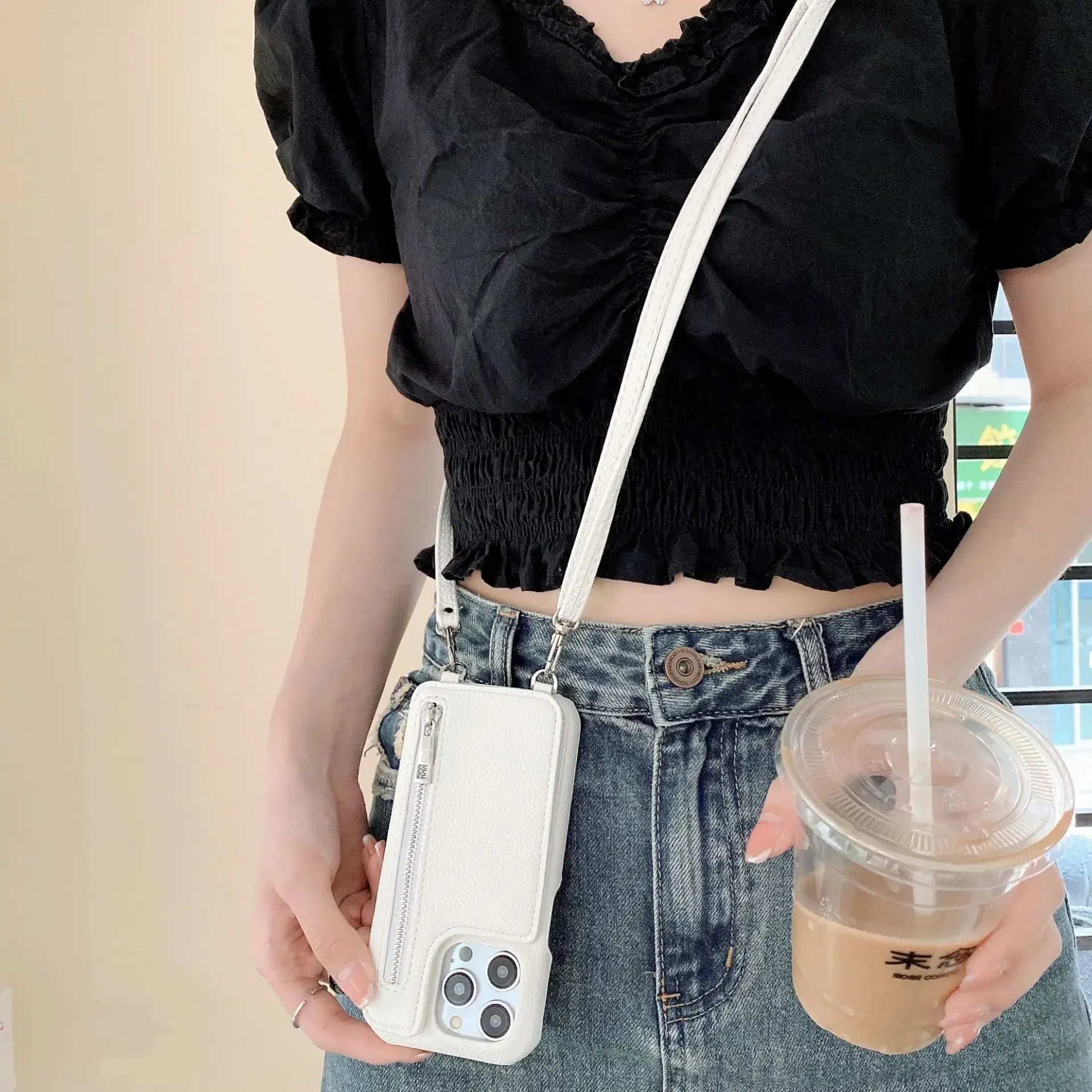 Material: PC + TPU, Color: Brown - Zipper Wallet Makeup Mirror Crossbody Lanyard Case For iPhone 16 15 14 Pro Max 13 12 11 XR XS 7 8 Plus Card Slot Leather Cover