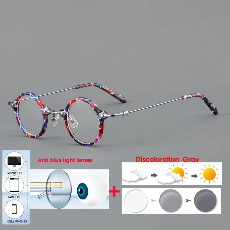 Frame Color: Blue, Eye Prescription: +100 - VCKA Anti-blue Discolor Acetate+Titanium Myopia Glasses Frames Small Round Men Prescription Optical Women Eyewear -0.50 to -10.0