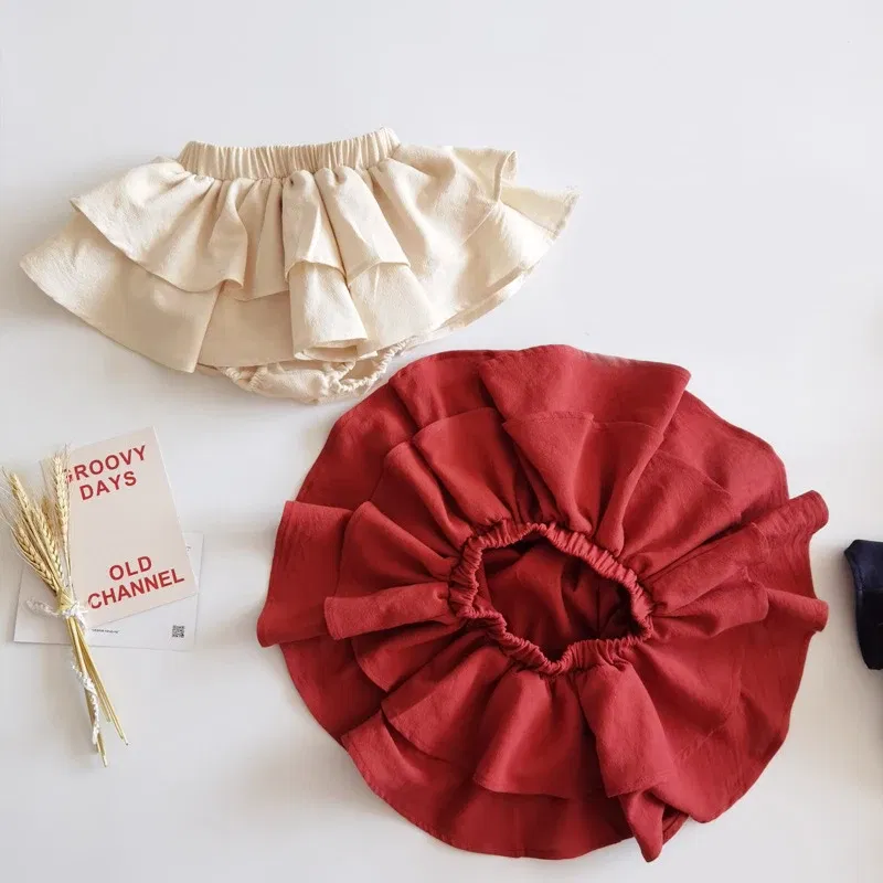 Color: Red, Kid Size: 3T?€?€·?¤–运动?‰ - Double Layers Ruffles Lace Baby Skirt Pants Summer Cotton Linen Kids Pettiskirt Toddler Dancing Wedding Clothing Tutu Skirt