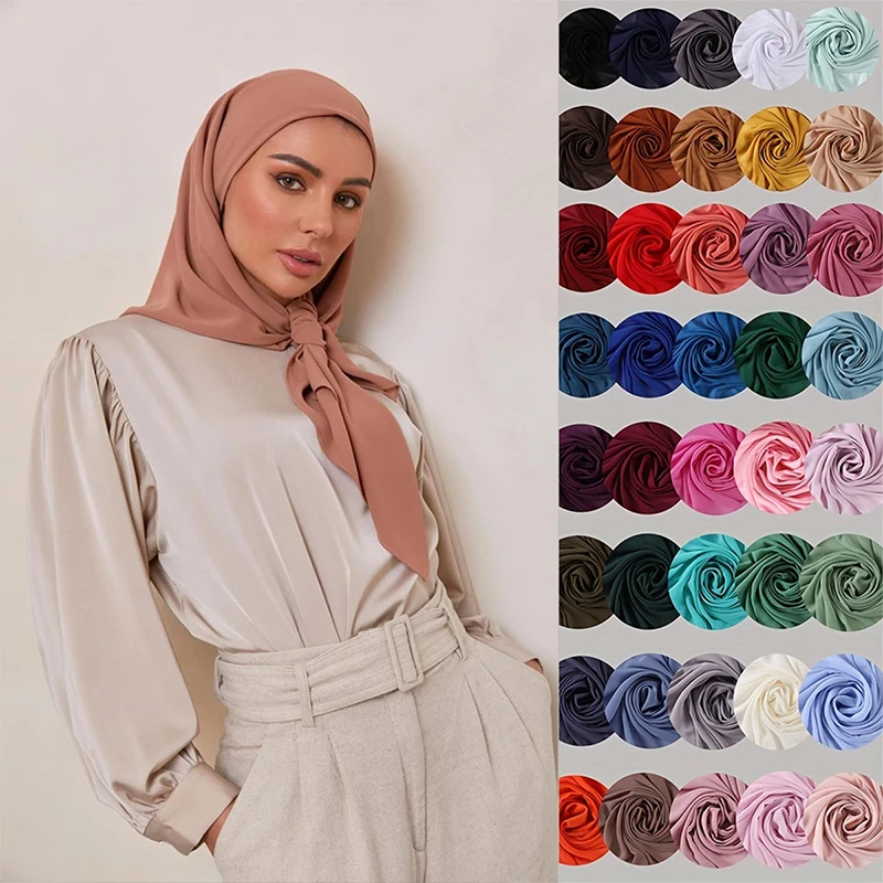 Color: PURPLE, Size: One Size - 110*110cm Chiffon Square Hijabs Scarf For Woman Muslim Turban Hat Islam Headscarf Women Plain Veil Jersey Hijabs Ramadan