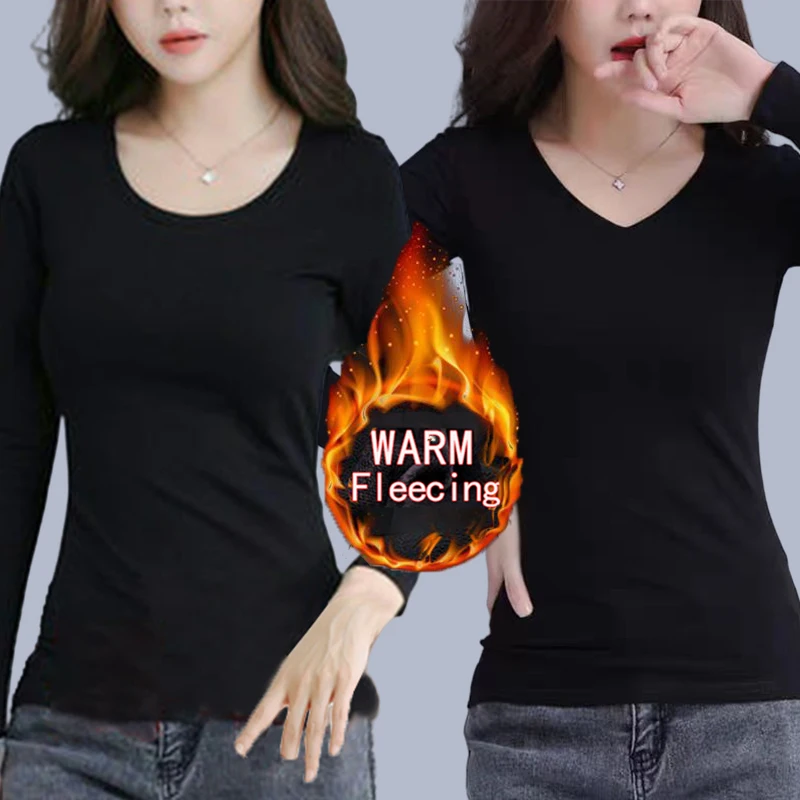 Color: army green, Size: S - O Neck Long Sleeve Fleeceing Heating Fiber Thermal Basic T-Shirts Women Winter Bottoming Cropped Tops Casual Skinny All-match