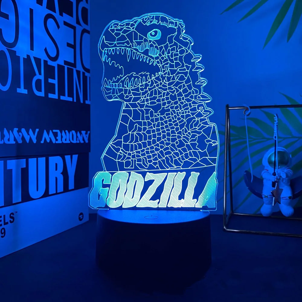 Color: Yellow, Emitting Color: Blue - Hot Toys Godzilla 3D Acrylic Night Light 16 Colors Dimmable USB Desk Lamp Birthday Gift for Boys and Girls Christmas Gift