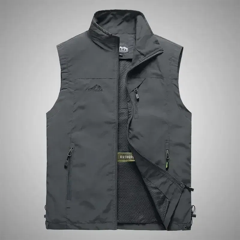 Color: Dark Grey, Size: XXS - Autumn Men Waistcoat Outdoor Leisure Solid Sleeveless Jacket Young Middle-aged Photography Fishing Casual Vest Male summer