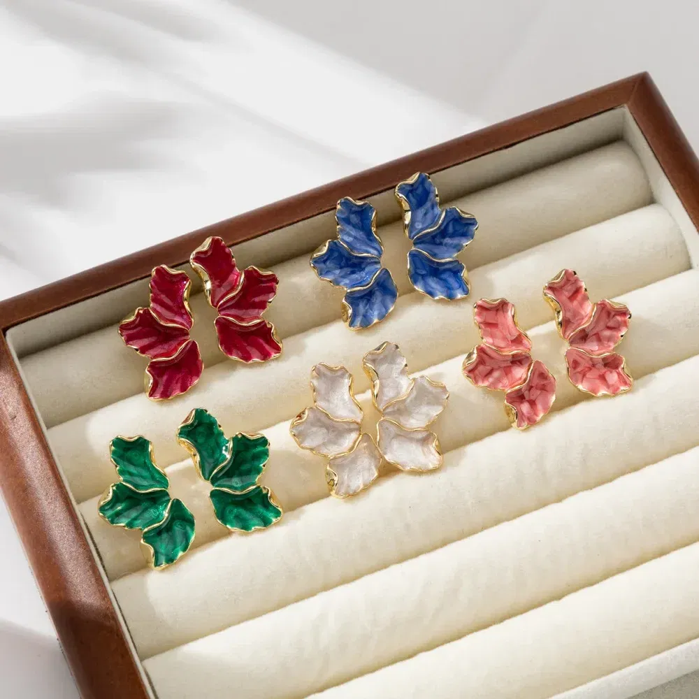 Metal Color: Imitation Rhodium Plated - Metal Flower Cream Stud Earrings for Women Fashion Gold Color Plating Irregular Post Earrings Heavy Design Statement Earring