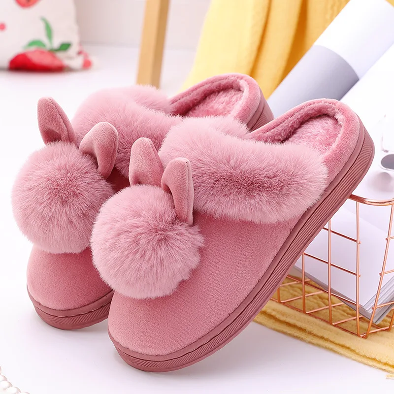Color: GRAY, Shoe Size: 33 - 2023 Autumn Winter Women Men Cotton Slippers Rabbit Ear Home Indoor Home Slides Warm Shoes Women'S Cute Plus Plush Slippers