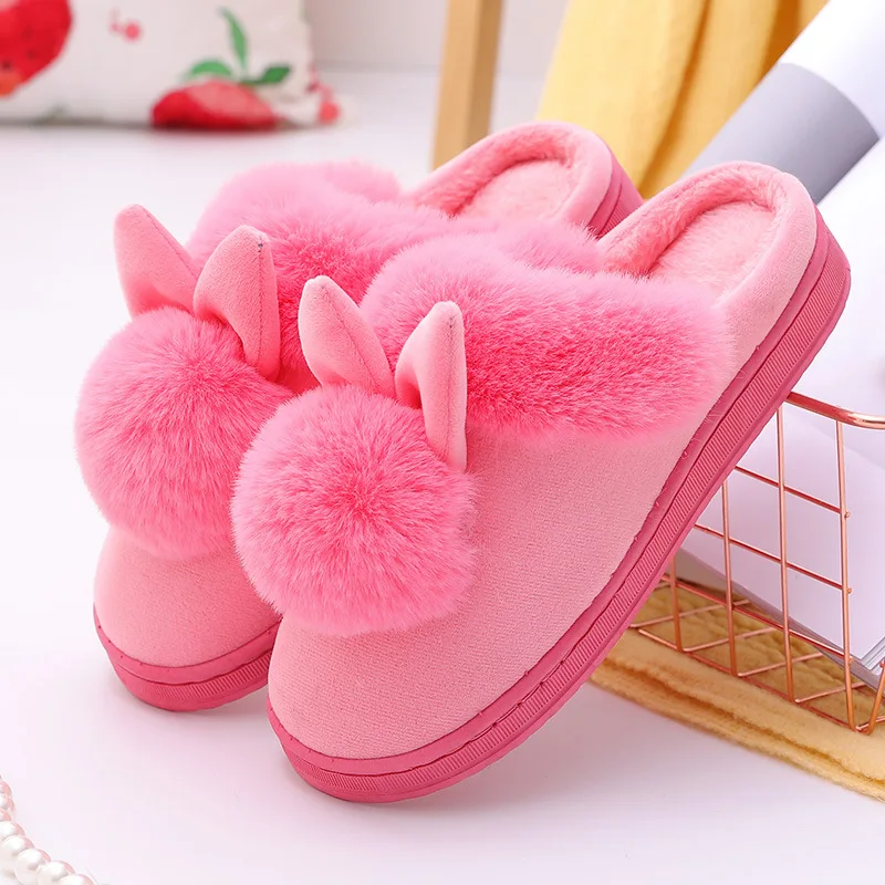 Color: GRAY, Shoe Size: 33 - 2023 Autumn Winter Women Men Cotton Slippers Rabbit Ear Home Indoor Home Slides Warm Shoes Women'S Cute Plus Plush Slippers