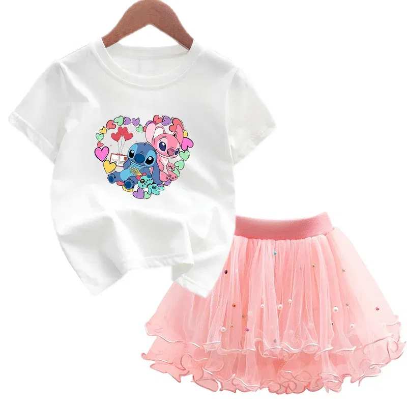 Color: army green, Kid Size: 4T - 2pcs Lilo Stitch Summer Girls Outfits Cartoon T-shirt and Tutu Skirt Princess Clothes Suit Children Birthday Clothing Sets