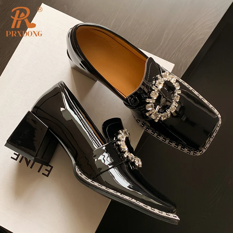 Color: Beige, Shoe Size: 38, Ships From: CHINA - PRXDONG New Arrivals Genuine Leather Spring Summer Women Pumps Square Med Heel Crystal Black White Dress Party Office Lady Shoes