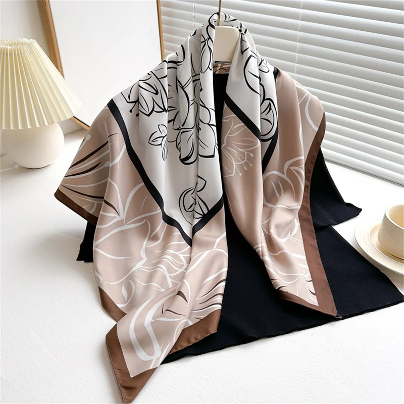 Color: Blue, Size: One Size - 2024 Luxury New Retro Printed Silk Scarf 90cm Twill Silk Scarf Lotus Fashion Large Square Scarves Sunscreen Shawl Headscarf