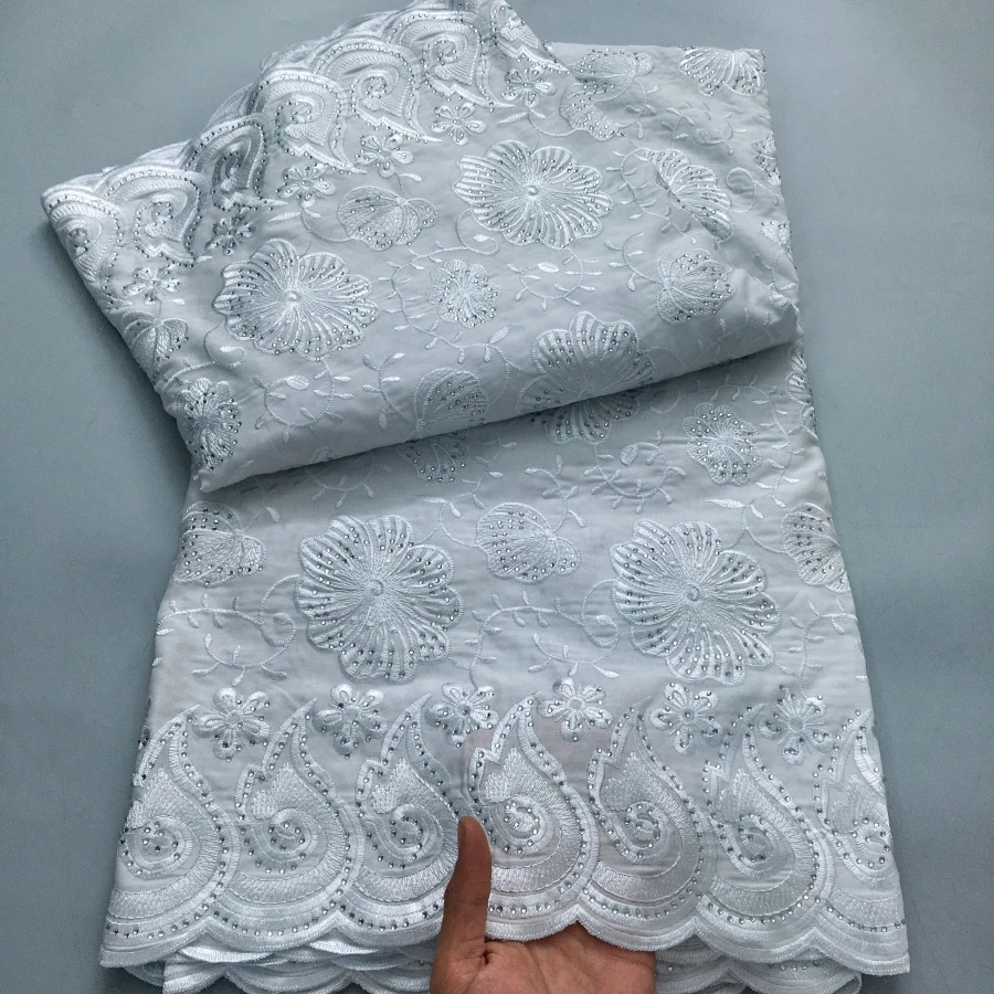 Color: WHITE, length: 5 yards, Width: 120cm - Green Nigerian Embroidered Cotton Lace Fabric 2025 High Quality 5 Yards African Swiss Lace Fabric Party Dress for Women A4210