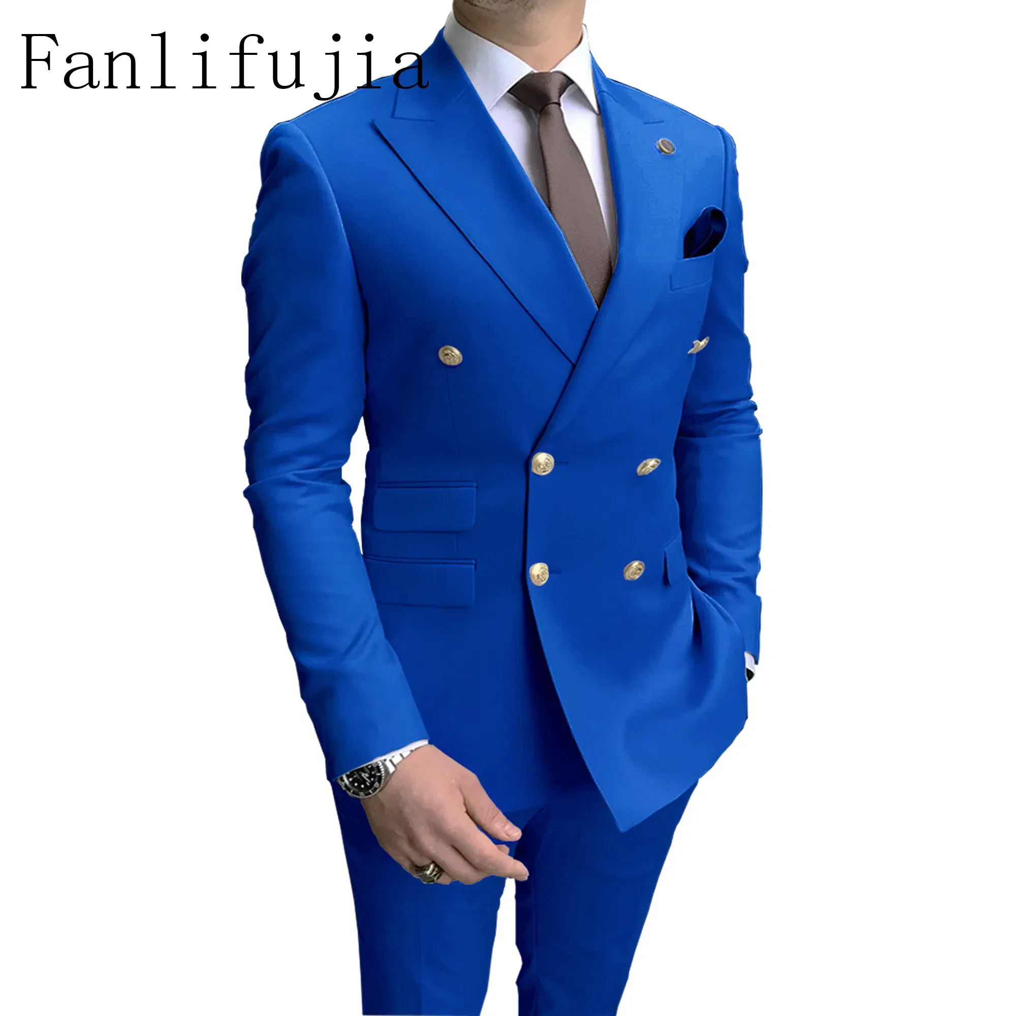 Color: ROYAL BLUE, Size: XL - Fanlifujia Store 2024 Casual Sky Blue Men Suits Double Brested Peak Lapel Gold Button Groom Wedding Tuxedos Best Costume Homme