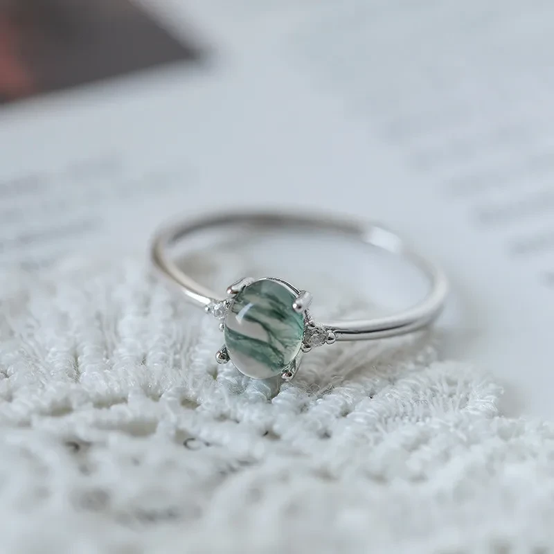 S925 Silver Green Moss Agate Ring