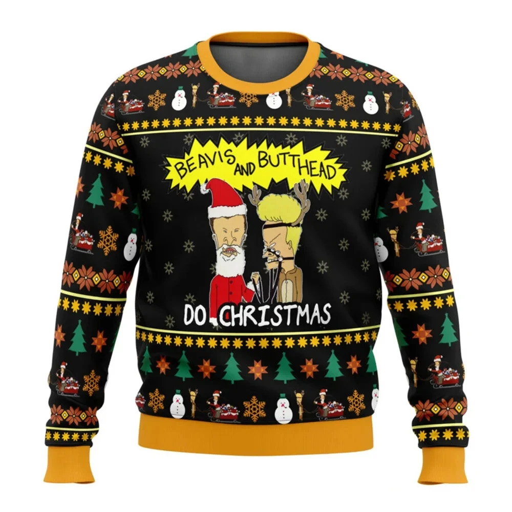 Color: SKY BLUE, Size: XXL - Xmas Rock Beavis and Butthead Ugly Christmas Sweater Cartoon Anime Women Men Pullover Tops New Fashion Couple Hoodie Sweatshirt