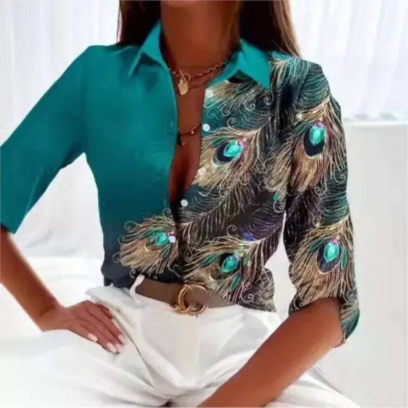 Color: Beige, Size: S - Fashionable Ladies Trendy Long Sleeved Shirt With Feather Gemstone Print Buttons Lapel Shirt Sleeves Autumn Elegant Ladies Shirt