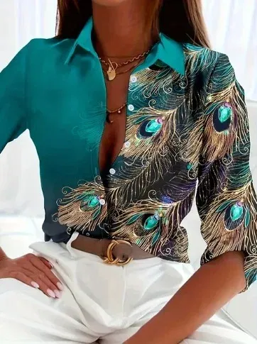 Color: Beige, Size: S - Fashionable Ladies Trendy Long Sleeved Shirt With Feather Gemstone Print Buttons Lapel Shirt Sleeves Autumn Elegant Ladies Shirt