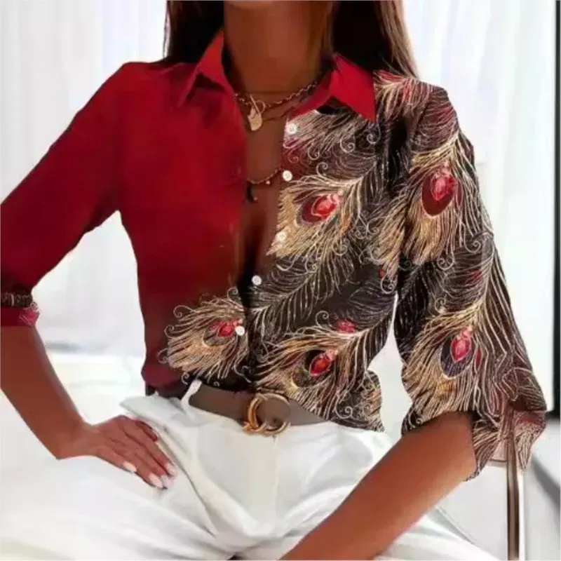 Color: Beige, Size: S - Fashionable Ladies Trendy Long Sleeved Shirt With Feather Gemstone Print Buttons Lapel Shirt Sleeves Autumn Elegant Ladies Shirt
