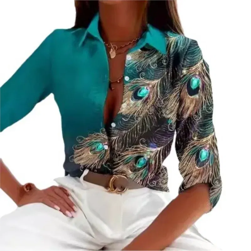 Color: Beige, Size: S - Fashionable Ladies Trendy Long Sleeved Shirt With Feather Gemstone Print Buttons Lapel Shirt Sleeves Autumn Elegant Ladies Shirt