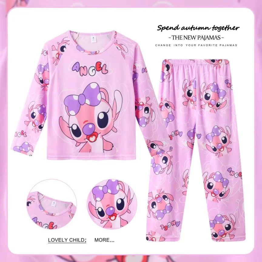Color: SKY BLUE, Kid Size: 8T - 2pcs/set New Disney Stitch Children Pyjamas for Boys and Girls Sets Kid Minnie Home Wear Travel Casual Sleepwear Suit Cute Gift
