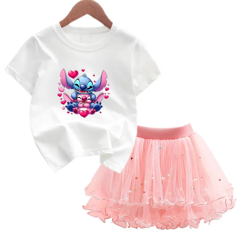 Color: Ivory, Kid Size: 3T - 2pcs Lilo Stitch Summer Girls Outfits Cartoon T-shirt and Tutu Skirt Princess Clothes Suit Children Birthday Clothing Sets