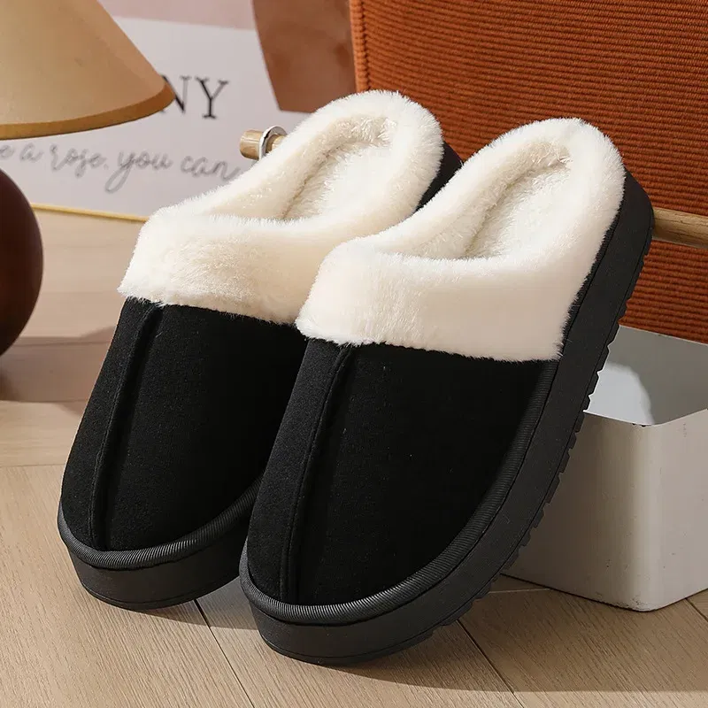 Color: Straw, Shoe Size: 36-37, Ships From: CHINA - Asgard Plush Women Slippers Thick Sole Non-slip Outdoor Fuzzy Slides Winter New Fur Collar Cotton Shoes Winter Warm Home Slipper