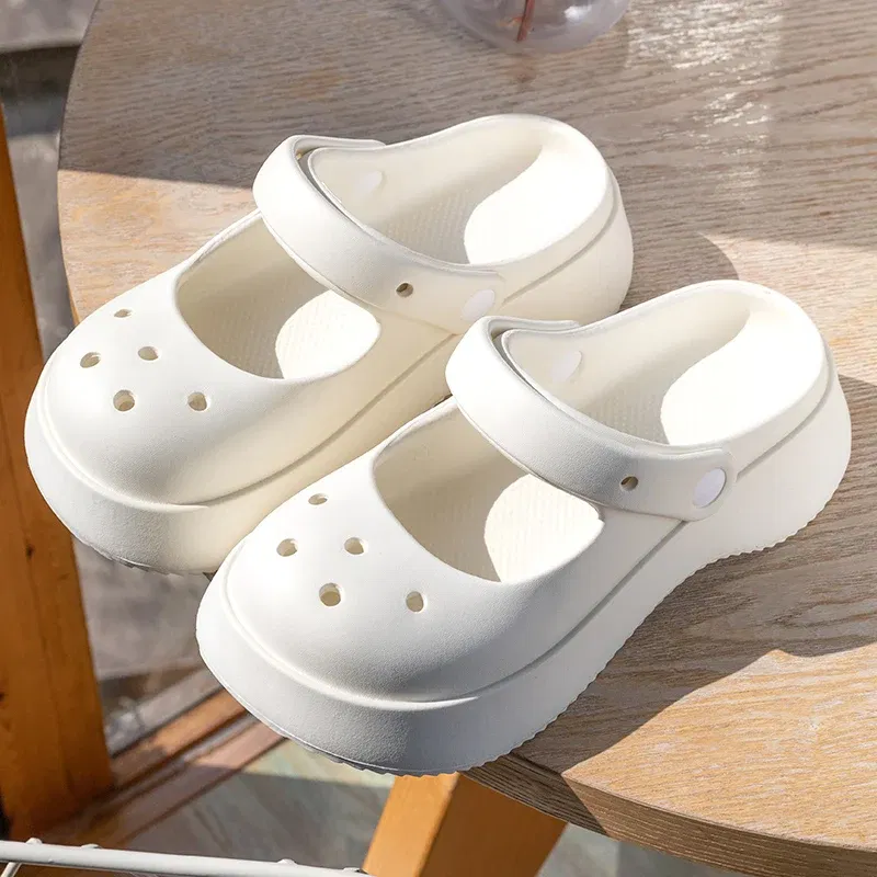 Color: WHITE, Shoe Size: 39 - Summer Women Slippers Fashion Thick Bottom Hole Shoes EVA Slippers Anti Slip Baotou Slippers Outdoor Beach Sandals Slippers