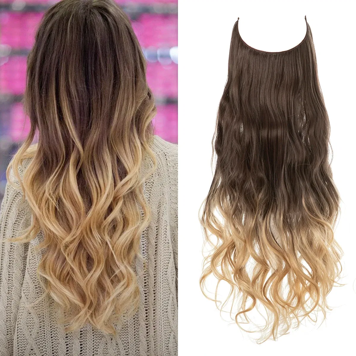 Color: T27/30/4, Stretched Length: 18inches - Synthetic No Clip Wave Hair Extensions Ombre Natural Black Blonde Pink One Piece False Hairpiece Fish Line Fake Hair Piece