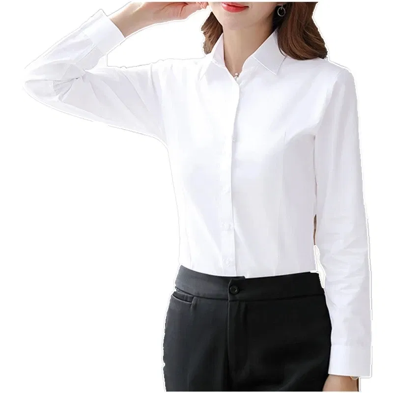 Color: SKY BLUE, Size: 4XL - Elegant Women Shirts Woman White Shirt Long Sleeve Blouse Office Lady business Pink Shirts Button Solid Women work Blouses Tops