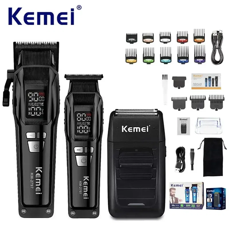 Color: Red - Kemei Professional Electric Hair Clipper Kit Rechargeable Hair Trimmer Shaver for Men USB Charging Beard Razor KM-2797 KM-1102
