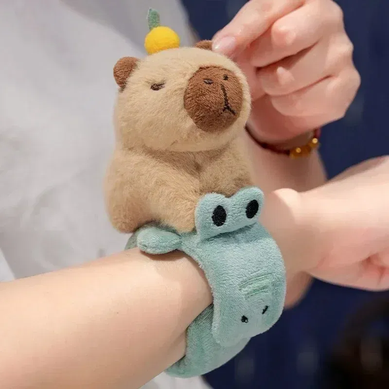 Color: black, Height: 0-10cm - Capybara Slap Snap Wrap Capibara Plushie Wristband Bracelet Kawaii Cute Dog Cat Plush Toy Hand Ring Creative Funny Gift