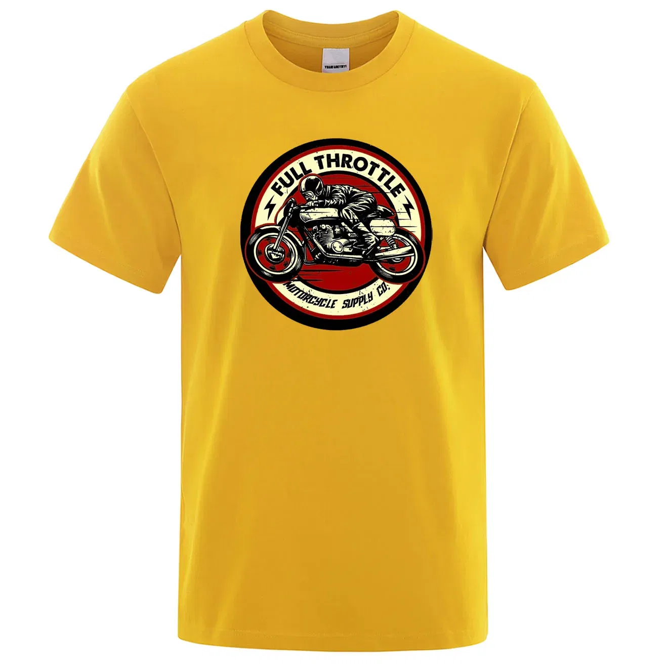 Color: Yellow, Size: XL - Full Throttle Cafe Racer Rockabilly Biker Printed T-Shirt Men Fashion Casual Short Sleeve Loose Cotton Tshirt Summer Loose Tees