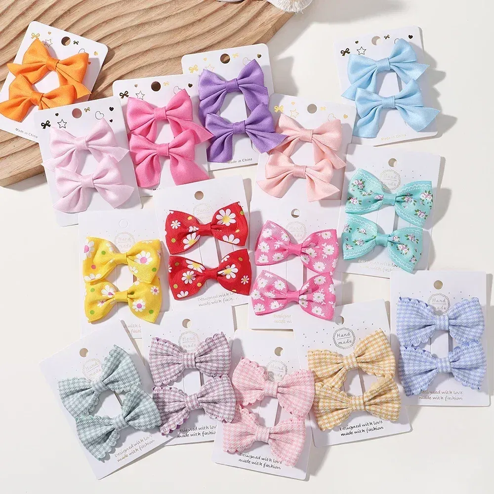 Color: khaki - 2Pcs/Set Solid Color Kids Bows Hair Clips for Baby Girls Handmade Plaid Bowknot Hairpin Barrettes Photograph Hair Accessories