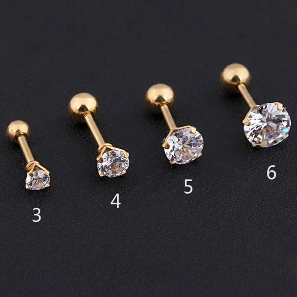 Metal Color: Rhodium Plated, Main Stone Color: WHITE - 1Pc Small Round Cz Tragus Cartilage Titanium Steel 16G 4 Prong Ear Stud Earrings Tragus Helix Piercing Jewelry Sexy Body Jewelry