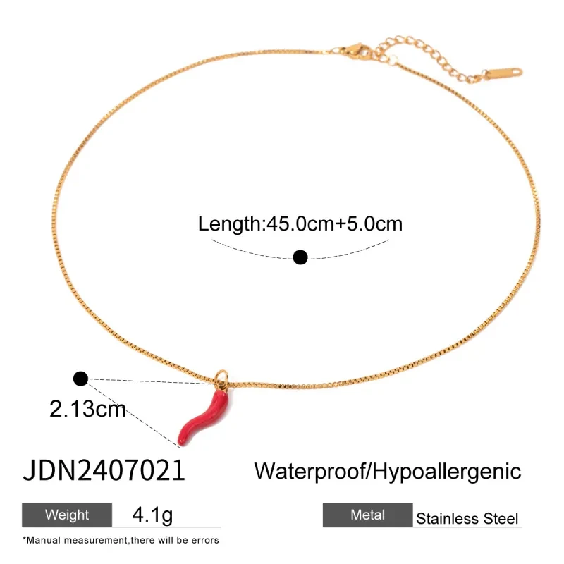 18K Gold Plated Stainless Steel Necklace with Red Enamel Chili Pepper Pendant