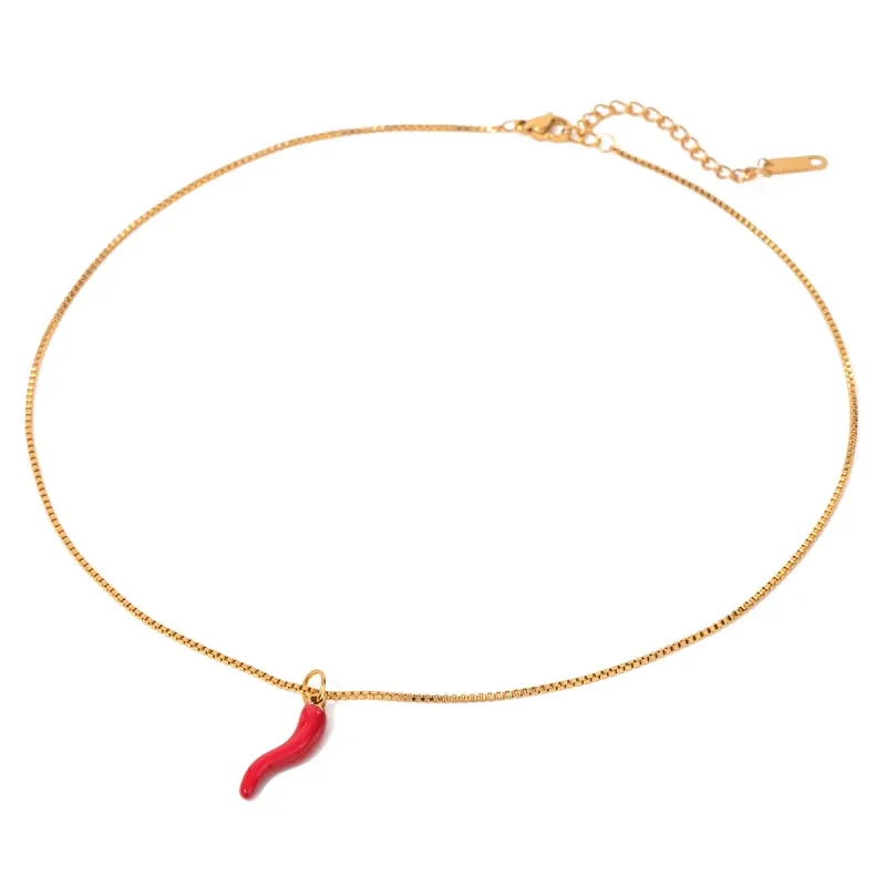 18K Gold Plated Stainless Steel Necklace with Red Enamel Chili Pepper Pendant