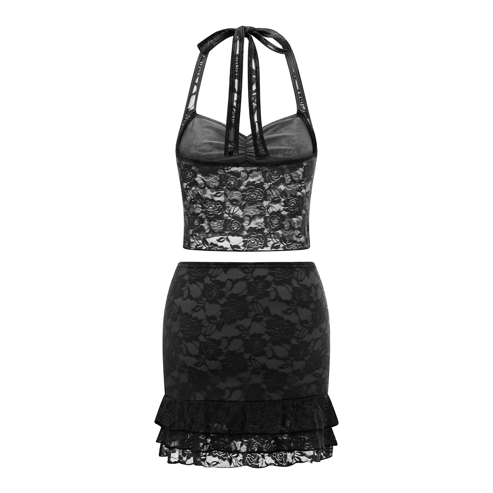 Color: Green, Size: L - Women Summer Skirts Outfits Sexy Tie-Up Halter Neck Sleeveless Backless Lace Tank Tops Mini Skirts 2 Pieces Clothes Set Club