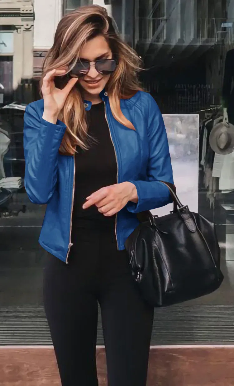 Color: Blue, Size: XXXL - Womens Spring Full Long Sleeve Jacket Coat Autumn Leather Blazer Winter Zipper Outwear Suit Cardigan Female Jackets