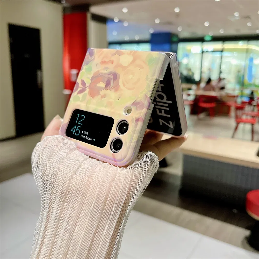 Material: ABS, Color: Sky blue - Cute Lazy Cat Deer Oil Painting Z Flip 3 4 5 Case Luxury for Samsung Galaxy Z Flip 4 3 5 Z4 Flip4 Flip3 Flip5 Fashion Cover
