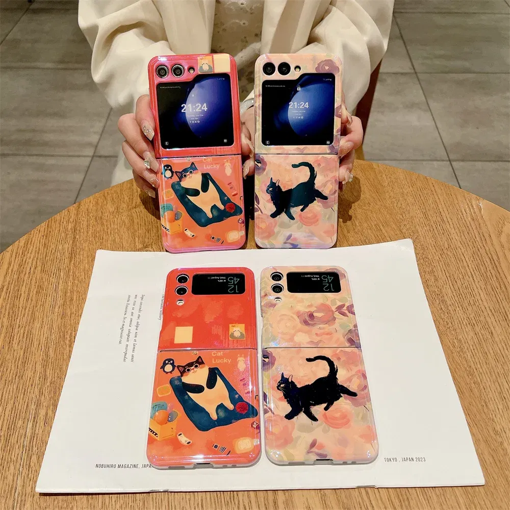 Material: ABS, Color: Sky blue - Cute Lazy Cat Deer Oil Painting Z Flip 3 4 5 Case Luxury for Samsung Galaxy Z Flip 4 3 5 Z4 Flip4 Flip3 Flip5 Fashion Cover