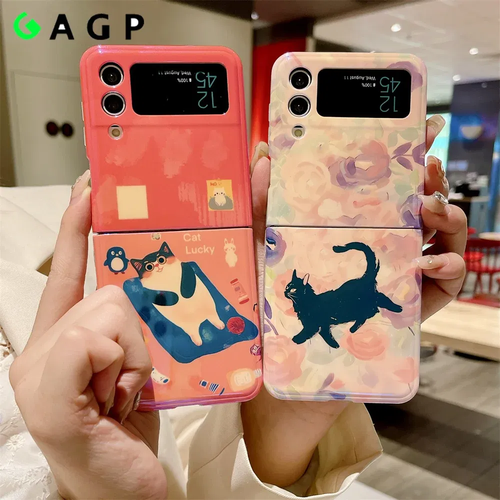 Material: ABS, Color: Sky blue - Cute Lazy Cat Deer Oil Painting Z Flip 3 4 5 Case Luxury for Samsung Galaxy Z Flip 4 3 5 Z4 Flip4 Flip3 Flip5 Fashion Cover