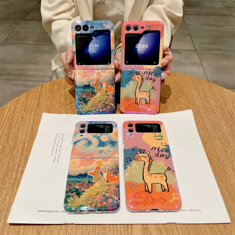 Material: ABS, Color: Sky blue - Cute Lazy Cat Deer Oil Painting Z Flip 3 4 5 Case Luxury for Samsung Galaxy Z Flip 4 3 5 Z4 Flip4 Flip3 Flip5 Fashion Cover