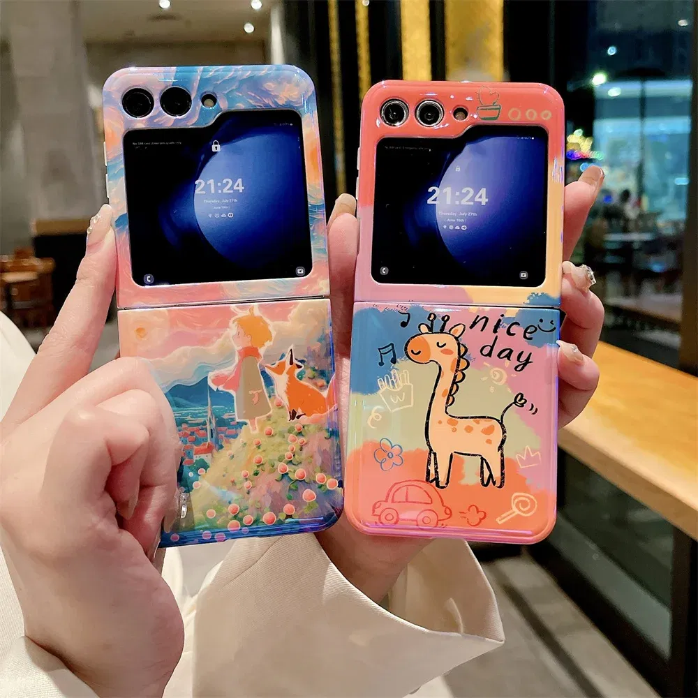 Material: ABS, Color: Sky blue - Cute Lazy Cat Deer Oil Painting Z Flip 3 4 5 Case Luxury for Samsung Galaxy Z Flip 4 3 5 Z4 Flip4 Flip3 Flip5 Fashion Cover