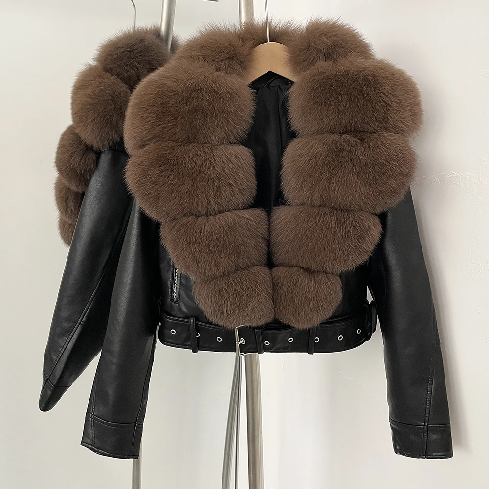 Color: Gold, Size: M - Fake Leather Coat New Natural Fox Fur Autumn Short Faux Leather Jacket Female Spring PU Women Long Sleeve Real Fur Coat Thin