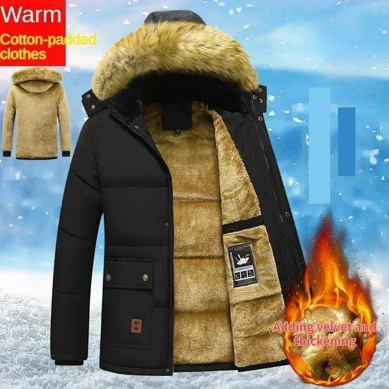 Color: Beige, Size: L - 2024 New Men Winter Autumn Work Outwearing Parka Black Fleece Lined Thick Warm Hooded Fur Collar Coat Male Size 5XL Plush Jacket
