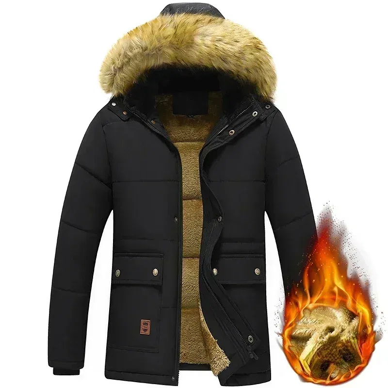Color: Beige, Size: L - 2024 New Men Winter Autumn Work Outwearing Parka Black Fleece Lined Thick Warm Hooded Fur Collar Coat Male Size 5XL Plush Jacket